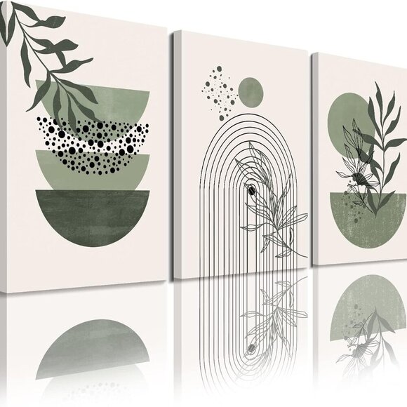 Sage Green Wall Posters & Prints, Green Boho Wall Art Set of 3, Minimalist Frame - Picture 1 of 7